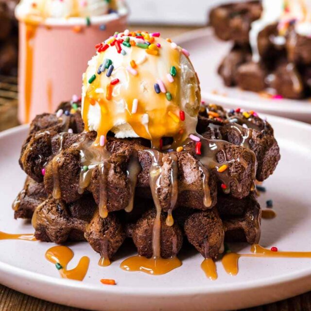 Waffle Brownie topped with vanilla ice cream and sprinkles