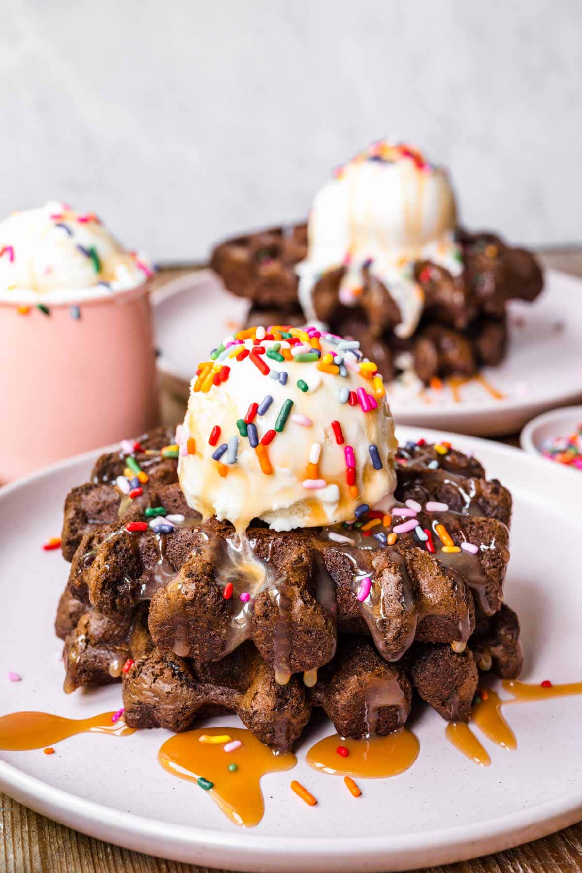 Waffle Iron Brownie topped with vanilla ice cream and sprinkles