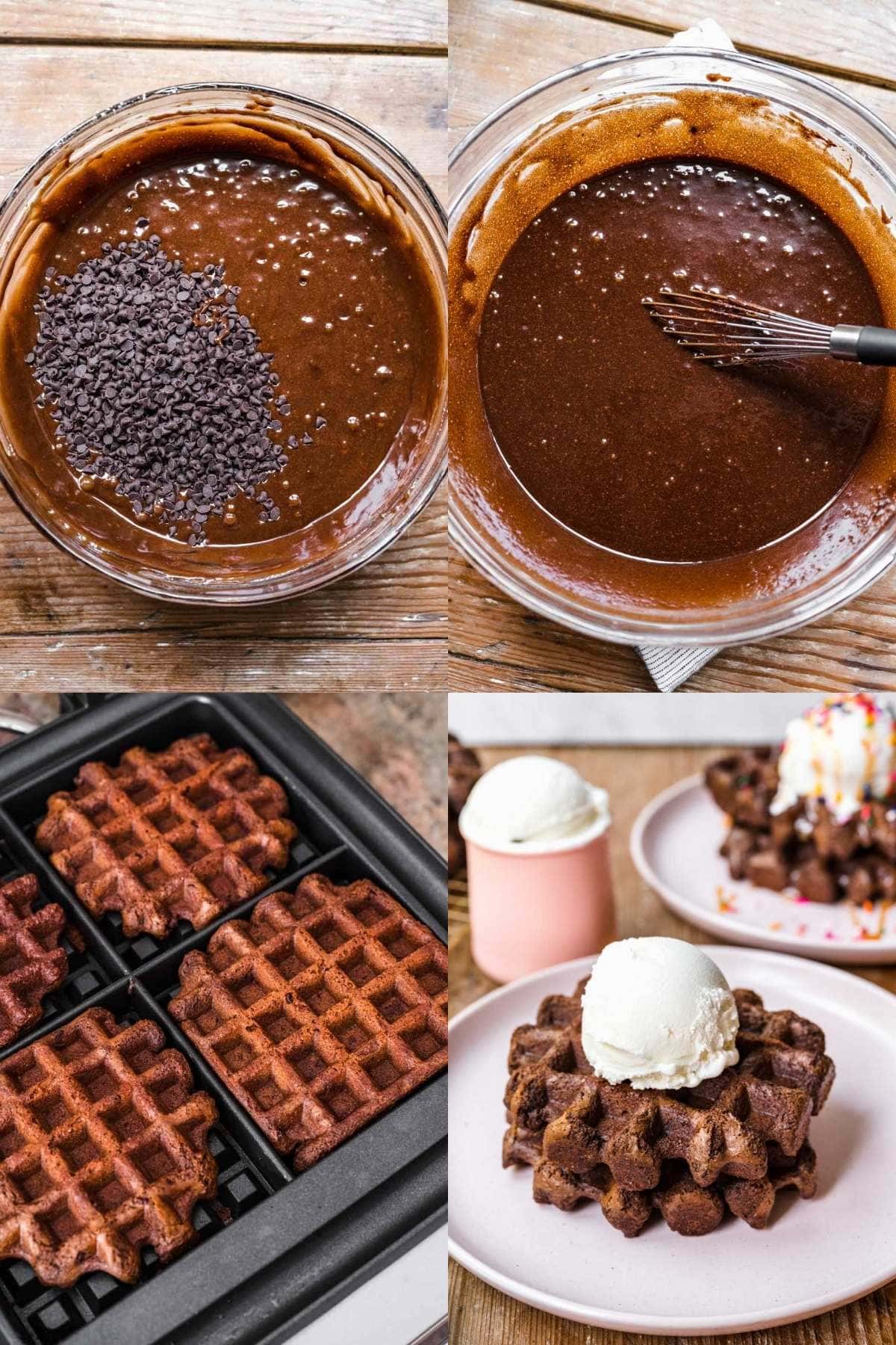 Waffle Iron Brownies collage of prep steps