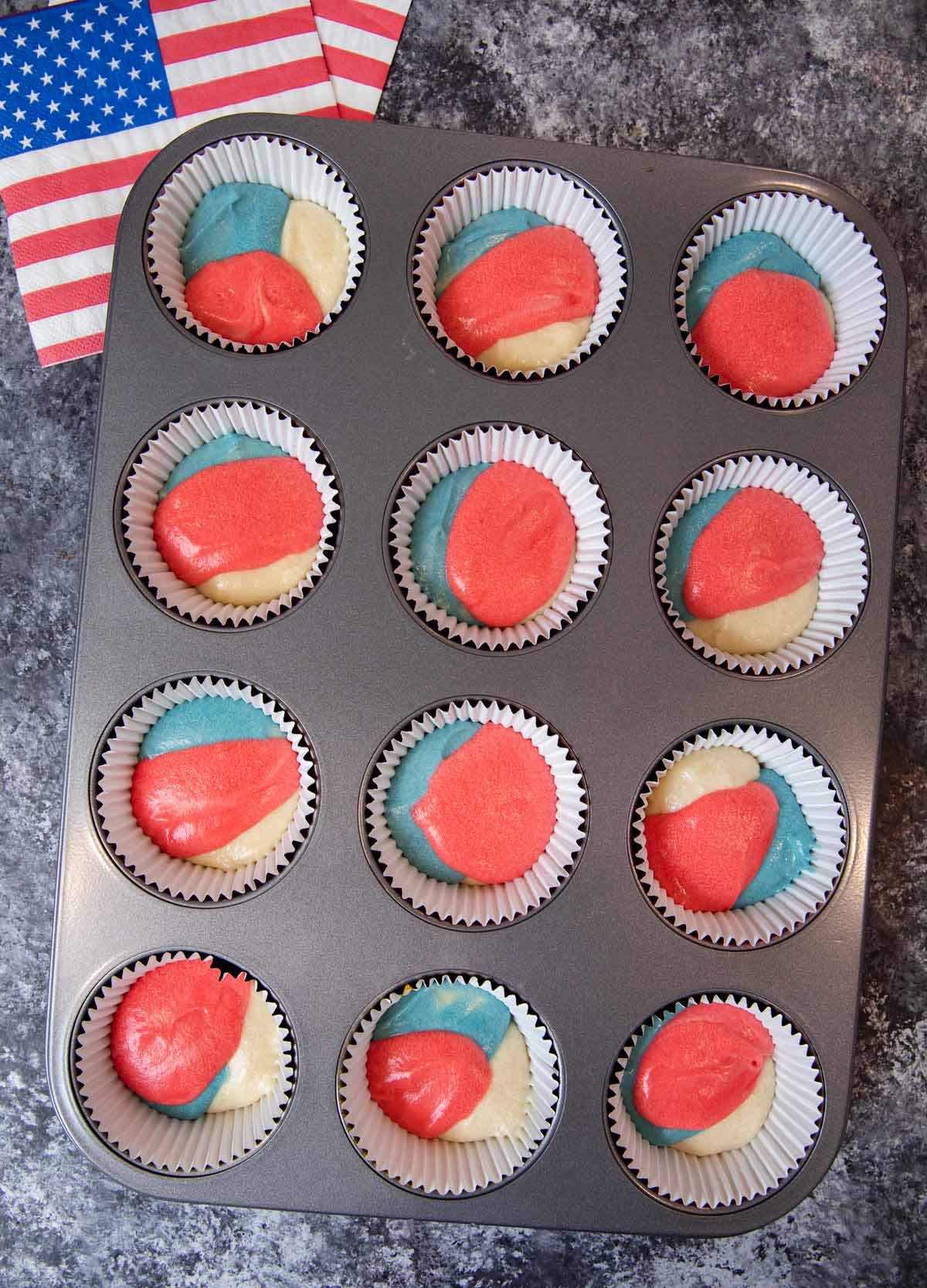 4th of July Cupcakes batter in cupcake tin