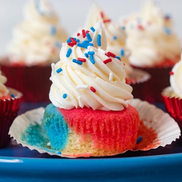 red, white, and blue cupcake with white frosting 1x1