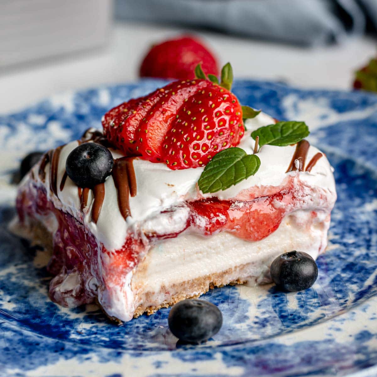 4th of July Casserole slice on blue plate