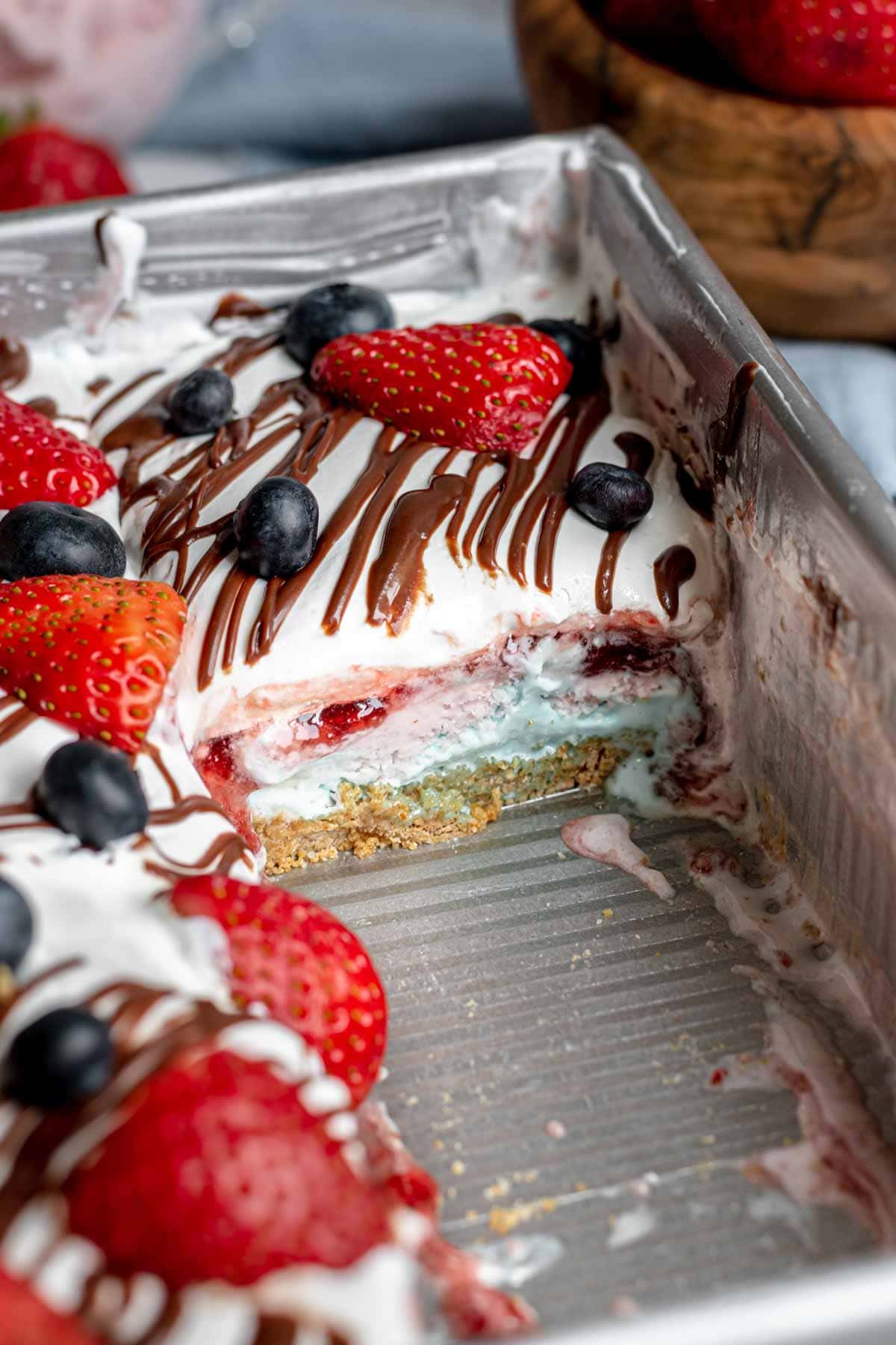 4th of July Ice Cream Casserole finished in pan with slice removed