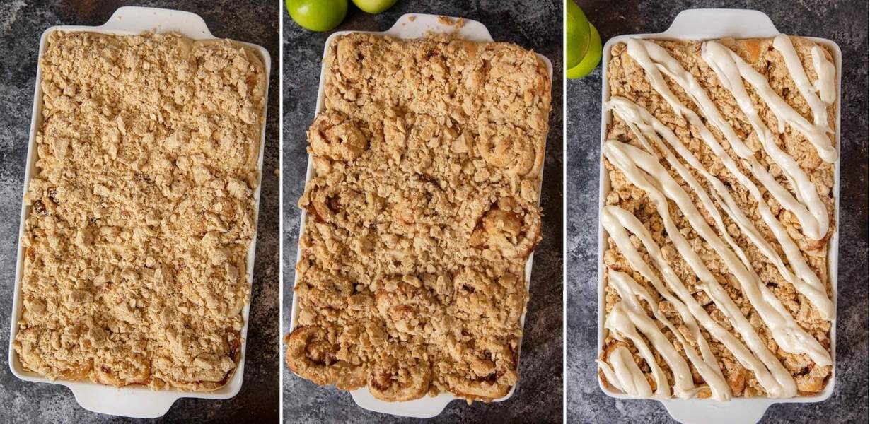 Apple Crisp Cinnamon Rolls collage of rolls before baking, after baking, and with icing