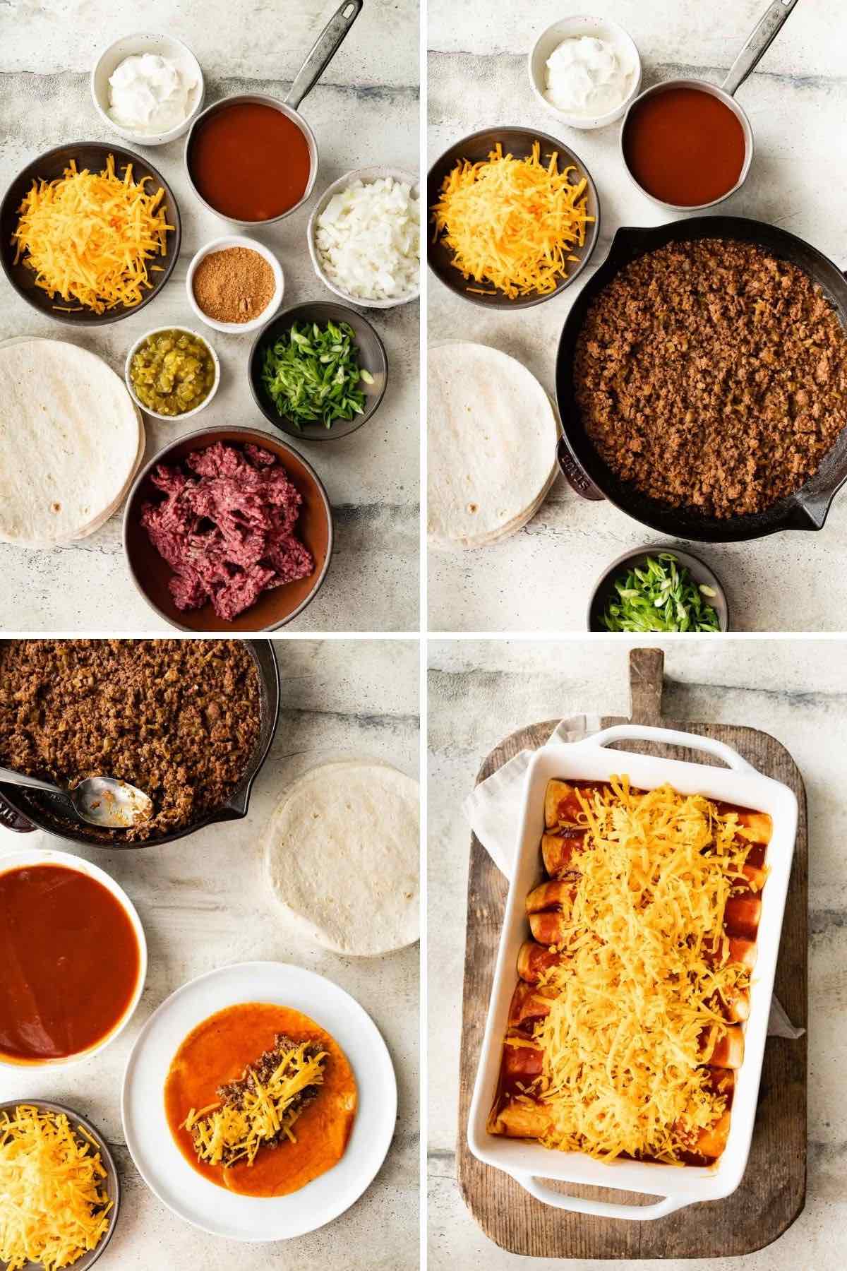 Beef Enchiladas collage of ingredient prep steps