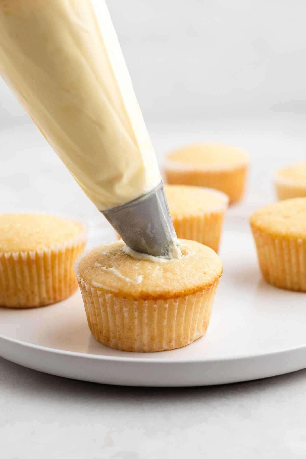 Boston Cream Cupcakes vanilla cupcakes with piping bag adding filling