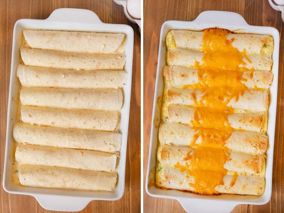 Cheesy Breakfast Enchiladas before and after baking