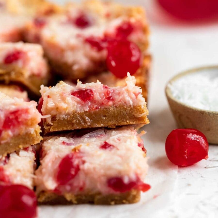 Cherry Coconut Bars on cutting board