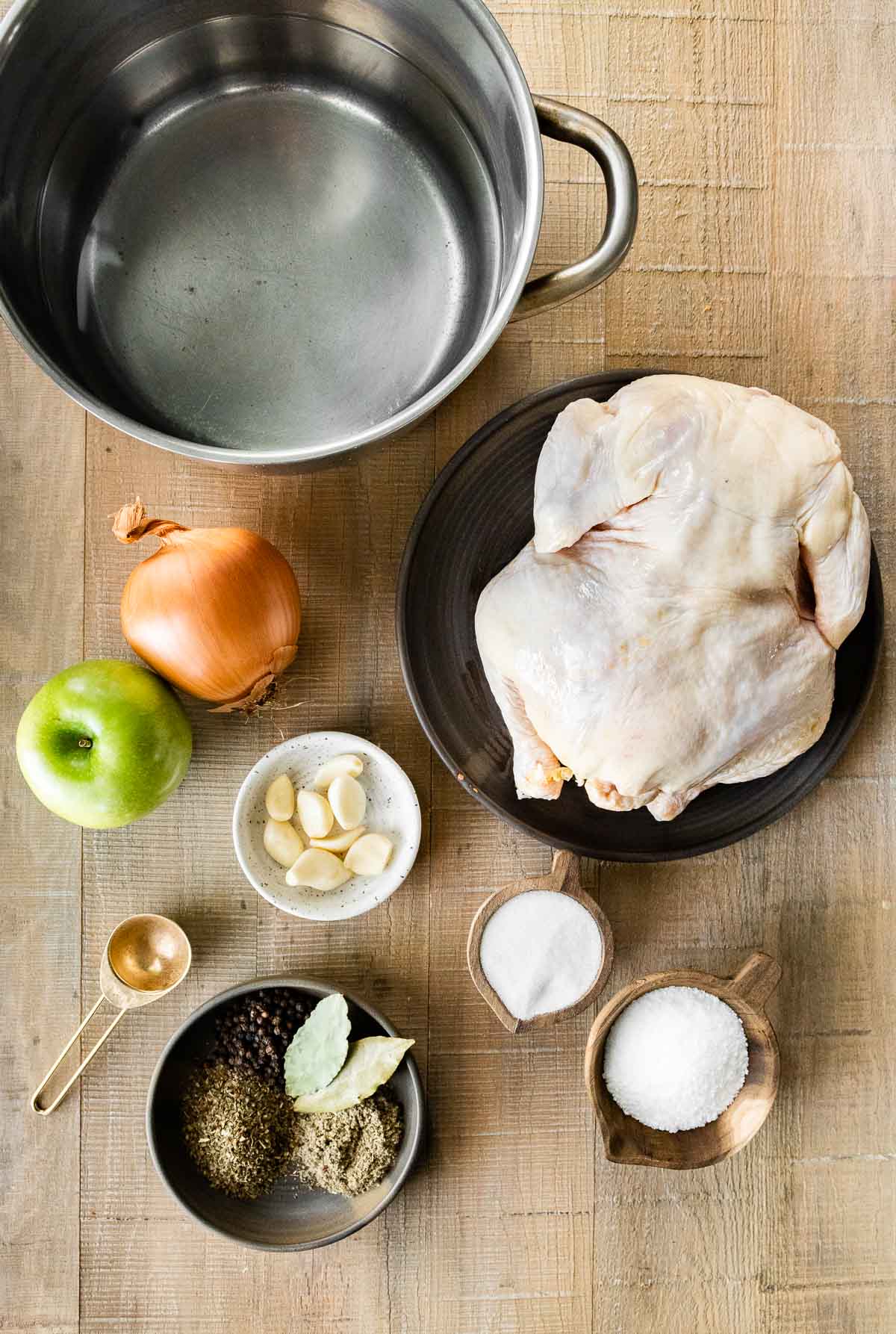 Ingredients for Chicken Brine with whole chicken and stock pot