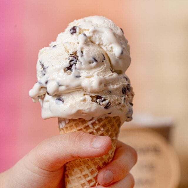 Chocolate Chip Ice Cream scoop on waffle cone