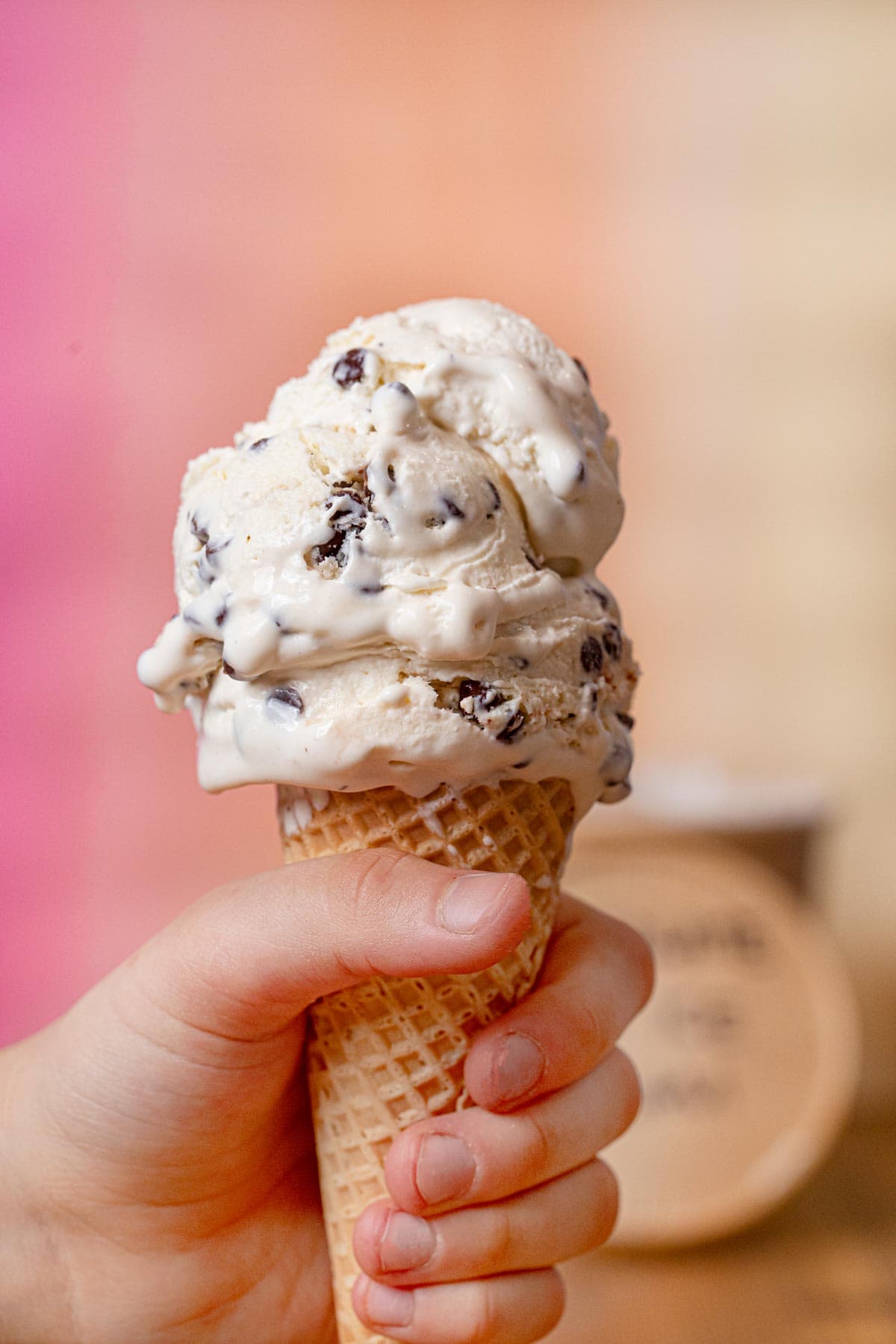 Chocolate Chip Ice Cream scoop on waffle cone