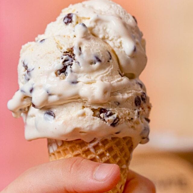 Hand holding an ice cream cone with homemade ice cream.