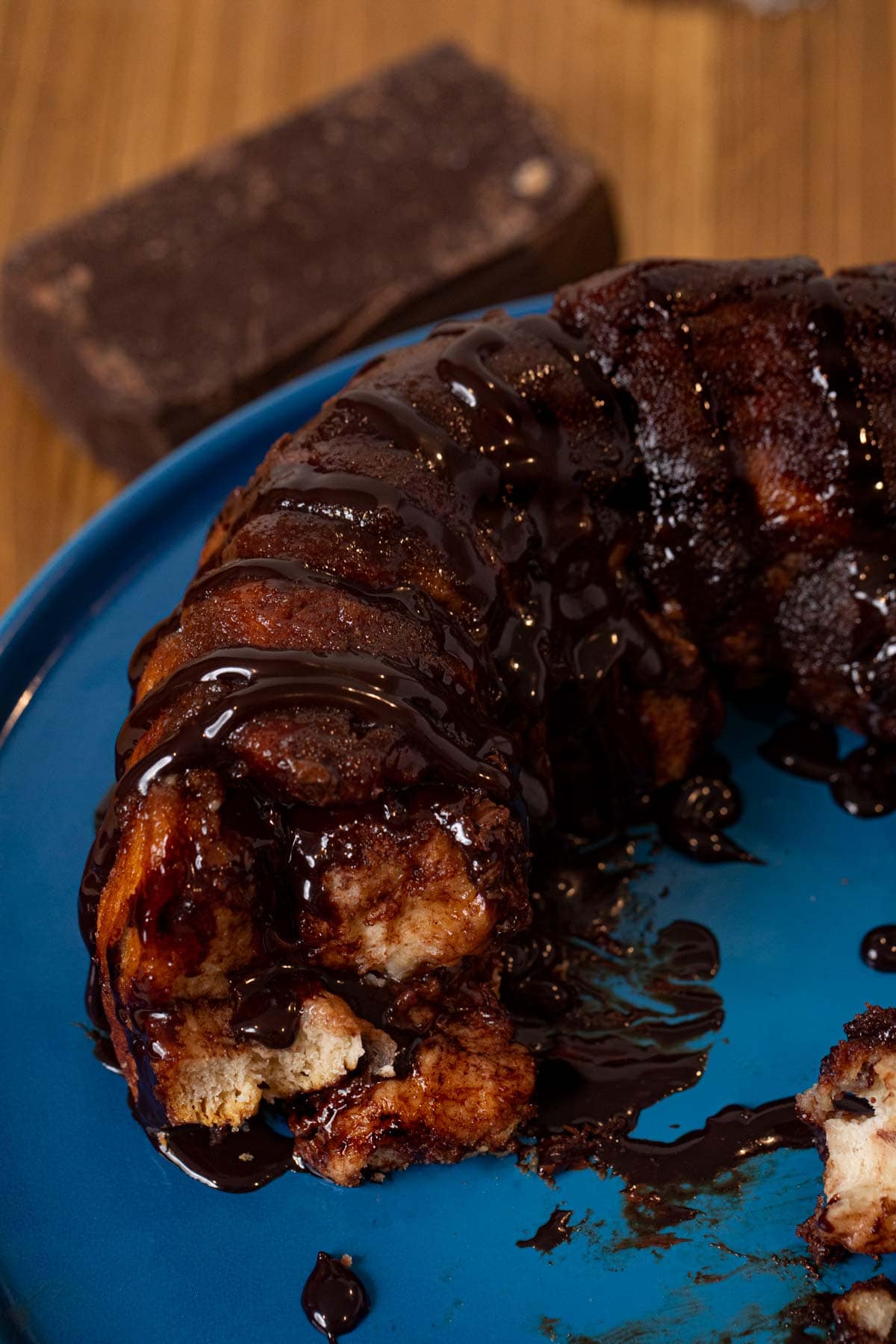 cross-section of Chocolate Monkey Bread on cake stand