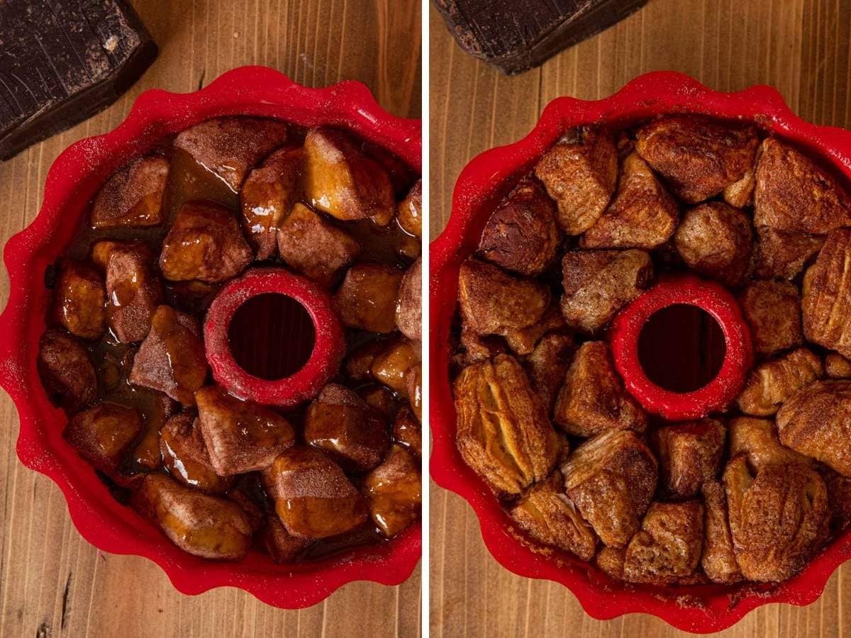 Chocolate Monkey Bread in bundt pan before and after baking