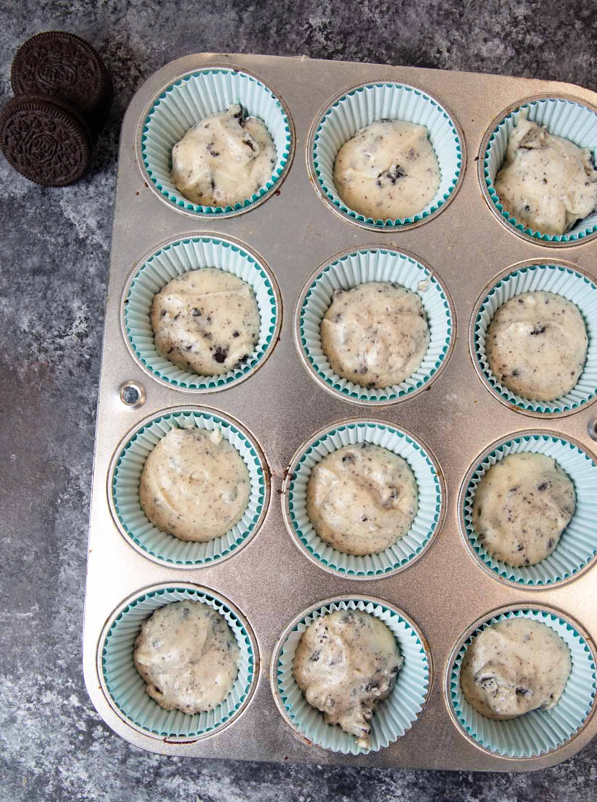Cookies and Cream Cupcakes in cupcake tin before baking
