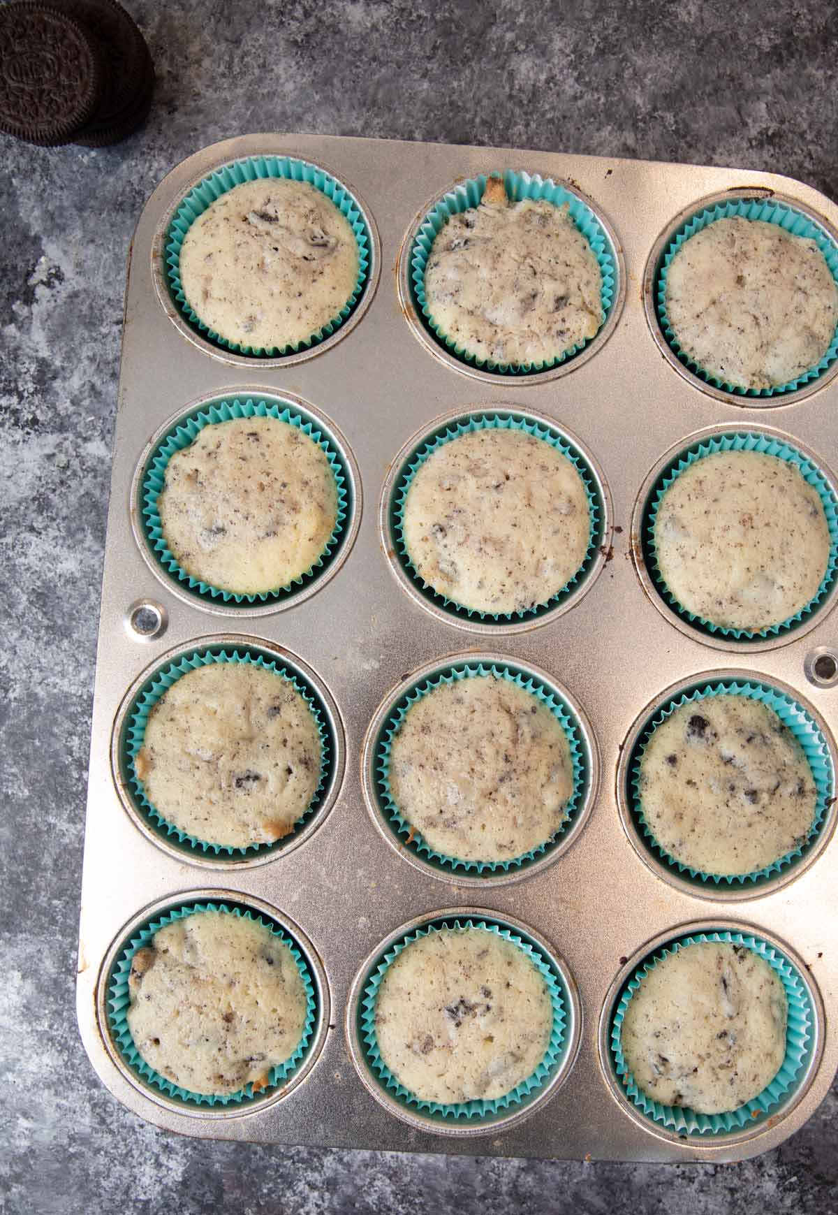 Cookies and Cream Cupcakes in cupcake tin