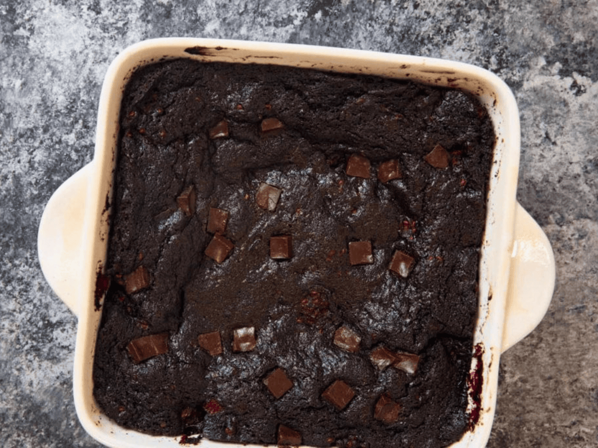 Baked brownies in pan