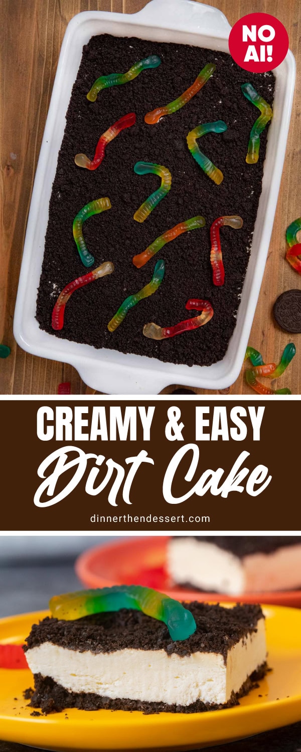 picture showing full cake with the dirt like top and gummy worms, bottom showing the layers of creamy filling and crunchy chocolate top and bottom.