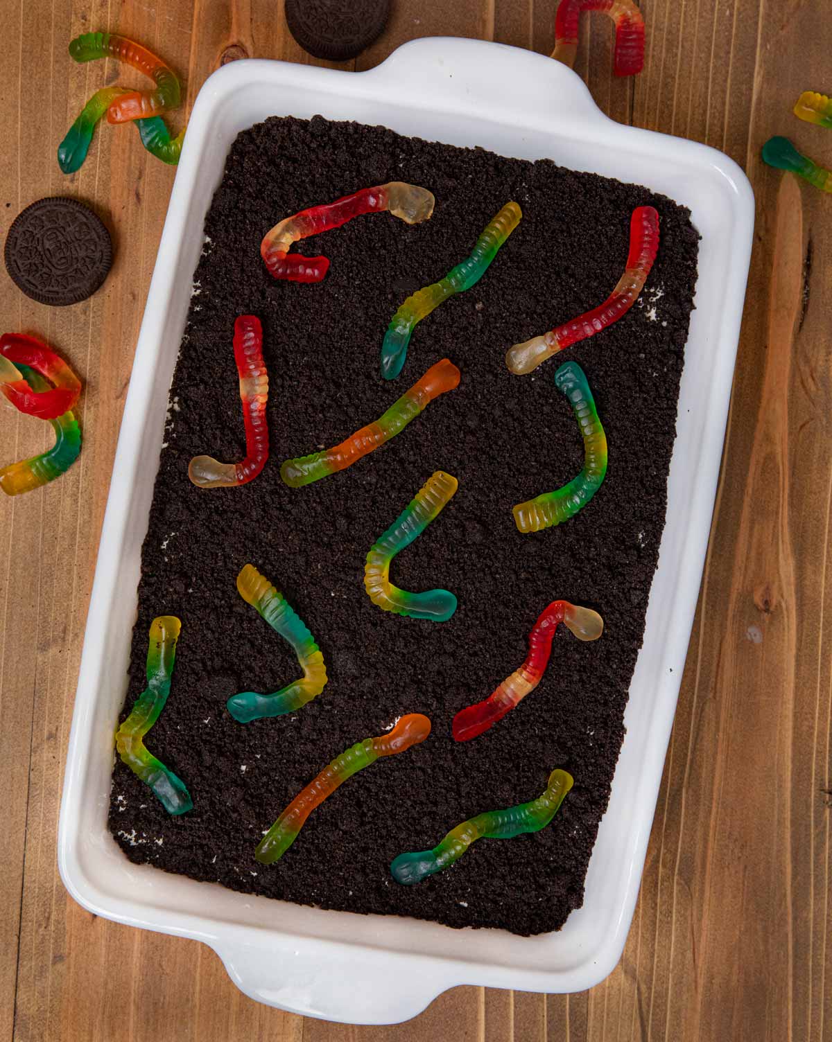 top-down view of Dirt Cake in baking dish