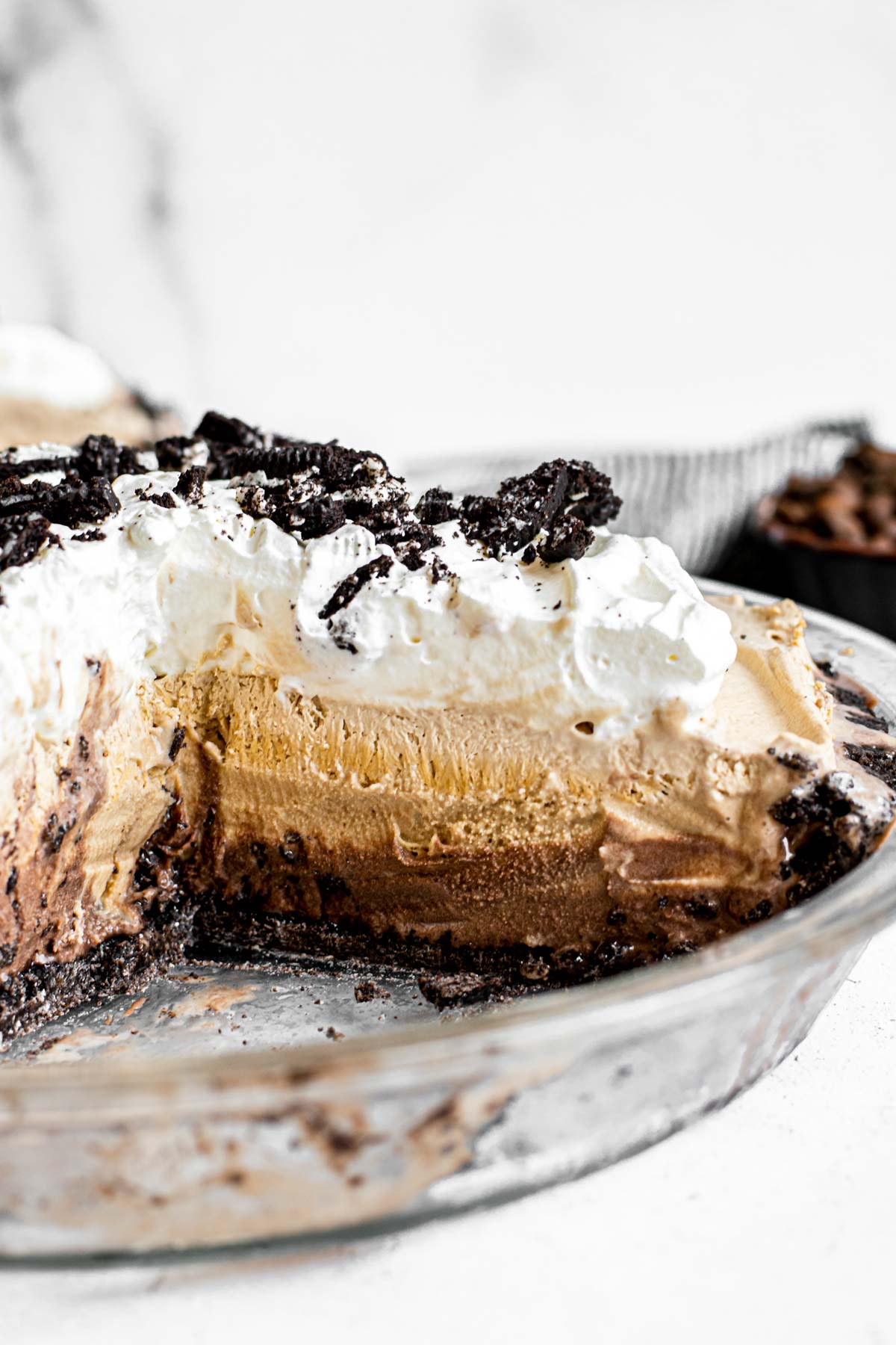 Frozen Mud Pie in pie dish with slice removed