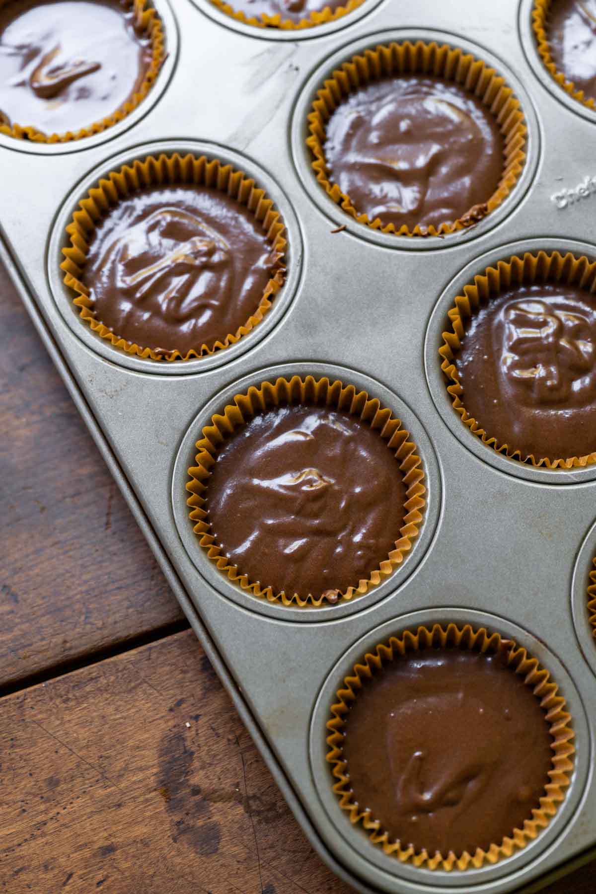 Hostess Cupcakes (Copycat) batter in muffin tin