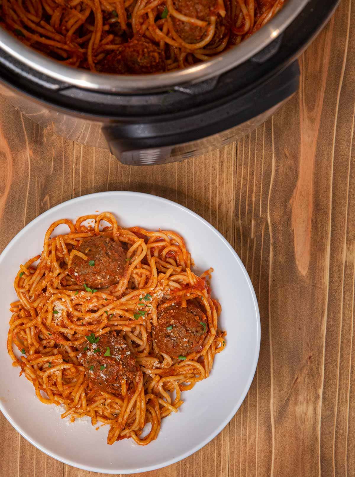 Instant Pot Spaghetti and Meatballs serving on plate