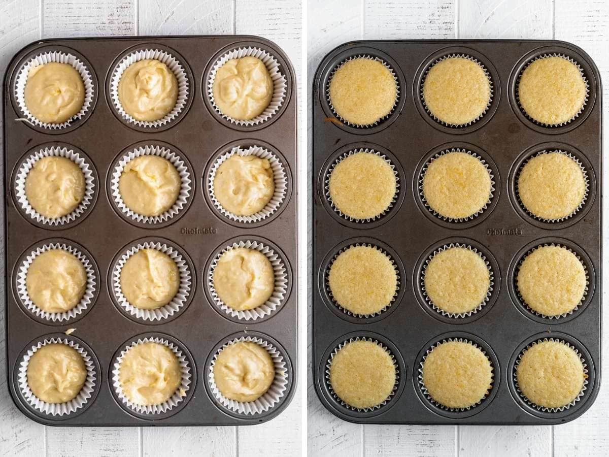 Lemon Cupcakes in muffin tin before and after baking