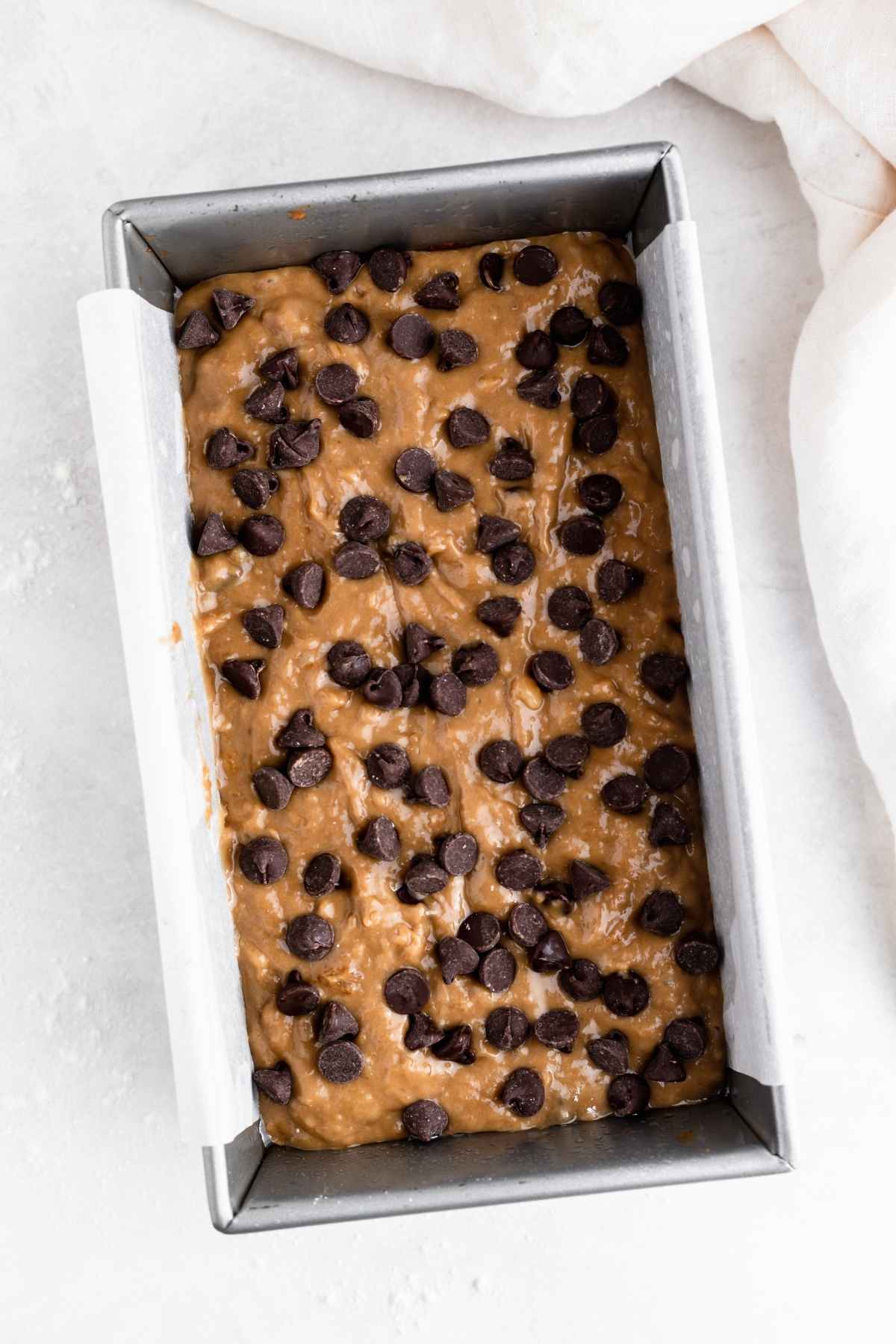 Mocha Chip Banana Bread in baking dish before baking