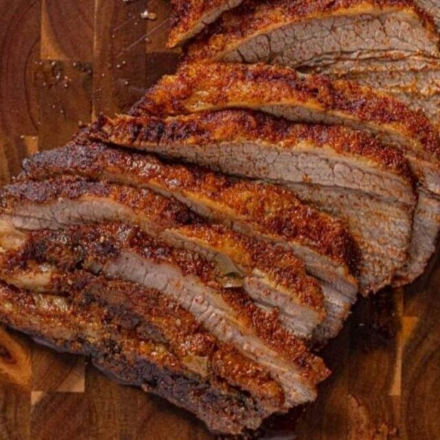 Texas Oven Brisket, sliced on cutting board