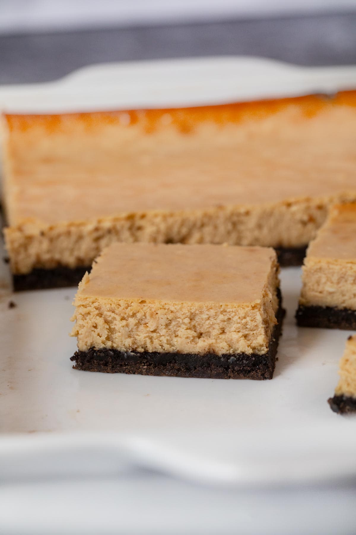 Peanut Butter Cheesecake Bars in baking dish