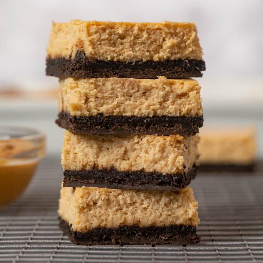 Peanut Butter Cheesecake Bars in stack