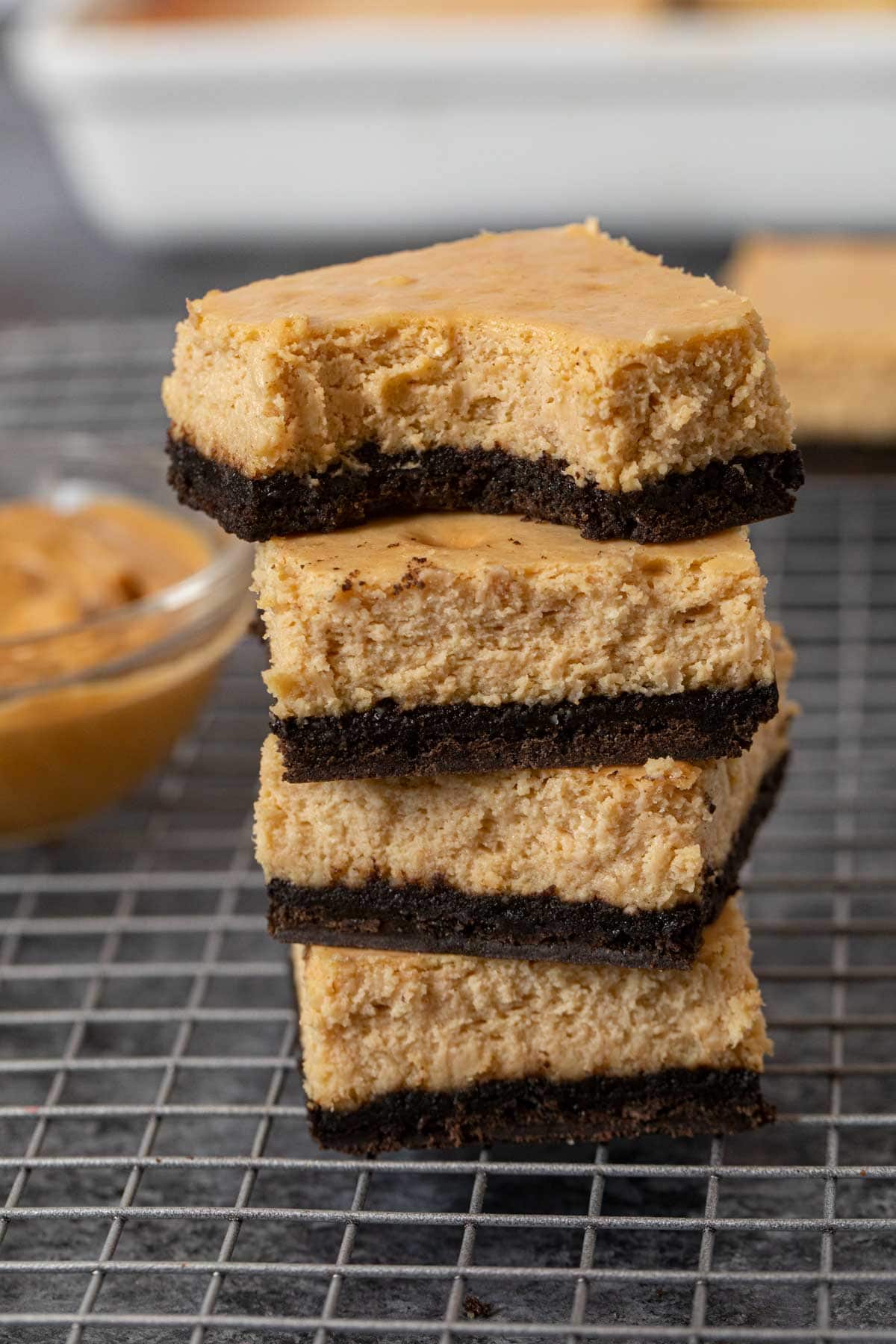 Peanut Butter Cheesecake Bars in stack