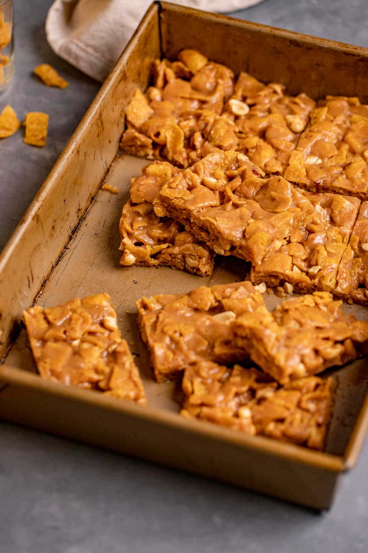 Peanut Fritos Bars sliced in pan