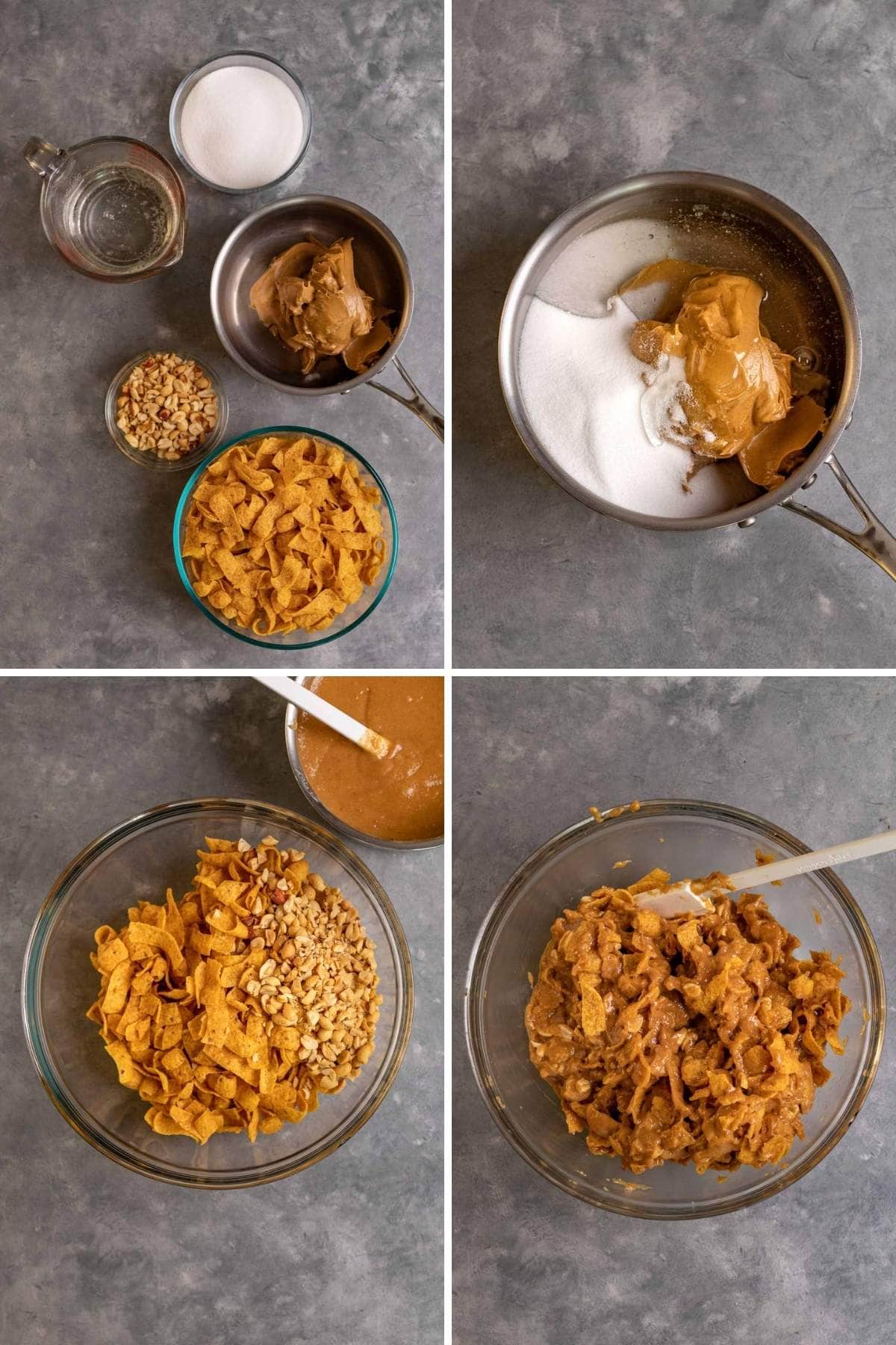 Collage of prep steps for Peanut Fritos Bars