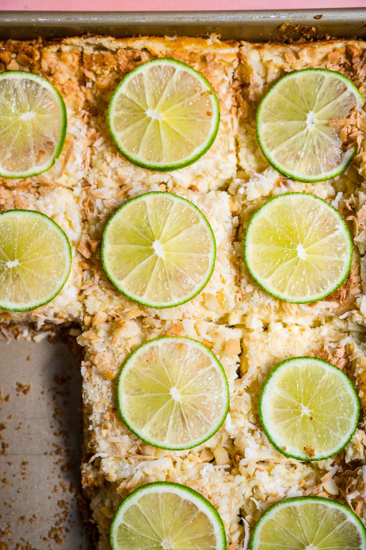 Pina Colada Cheesecake Bars sliced