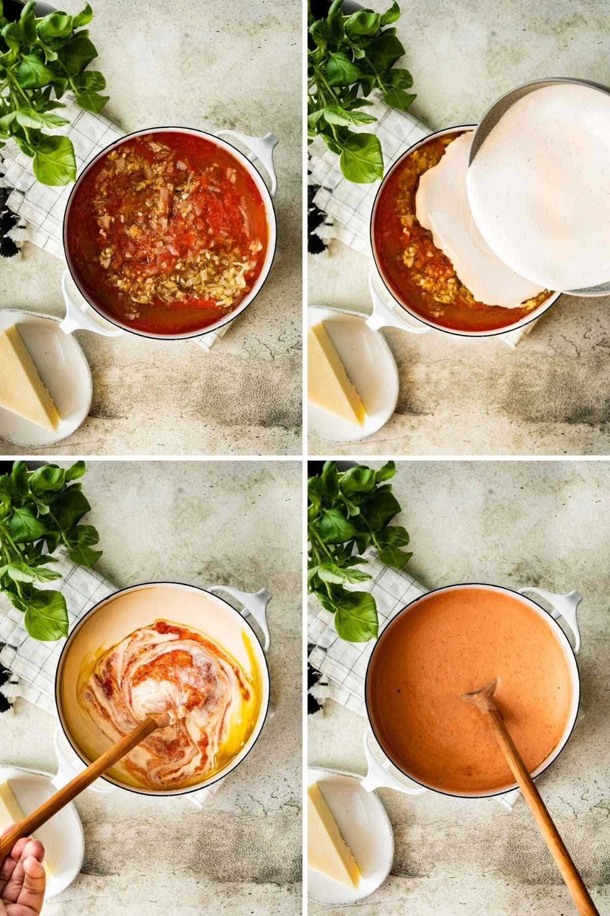 Collage of prep steps for Pink Sauce Pasta