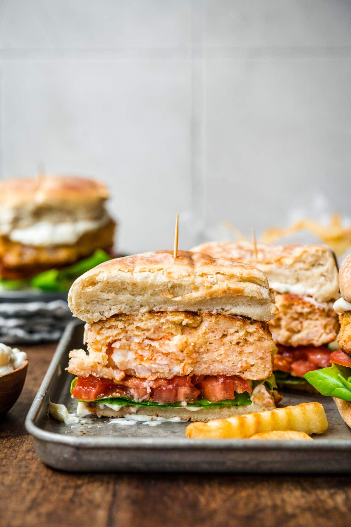 Shrimp Burgers on serving plate cut