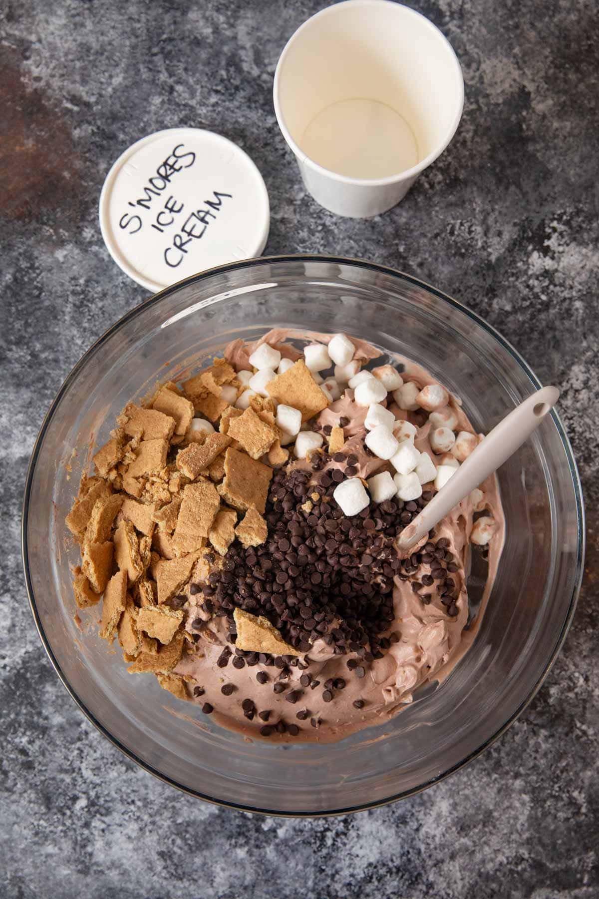 S'mores Ice Cream chocolate icre cream base with mix ins in bowl