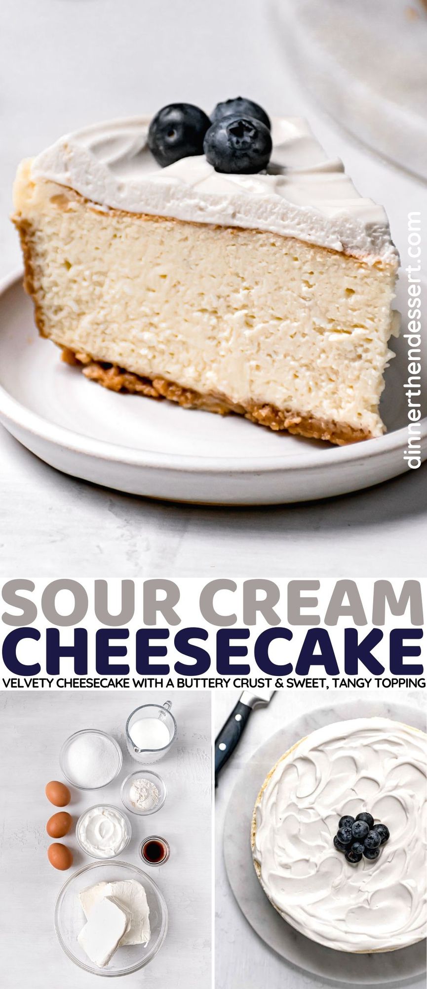 Sour Cream Cheesecake slice on plate collage