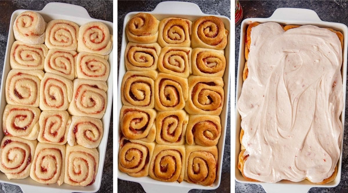 trio of Strawberry Rolls prep steps: before and after baking, and topped with icing in baking dish