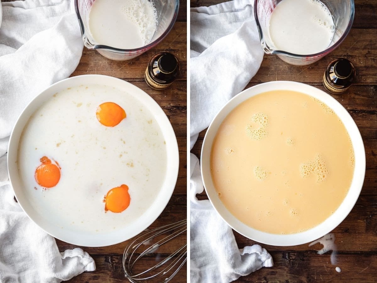 Stuffed Nutella French Toast egg mixture before and after beating