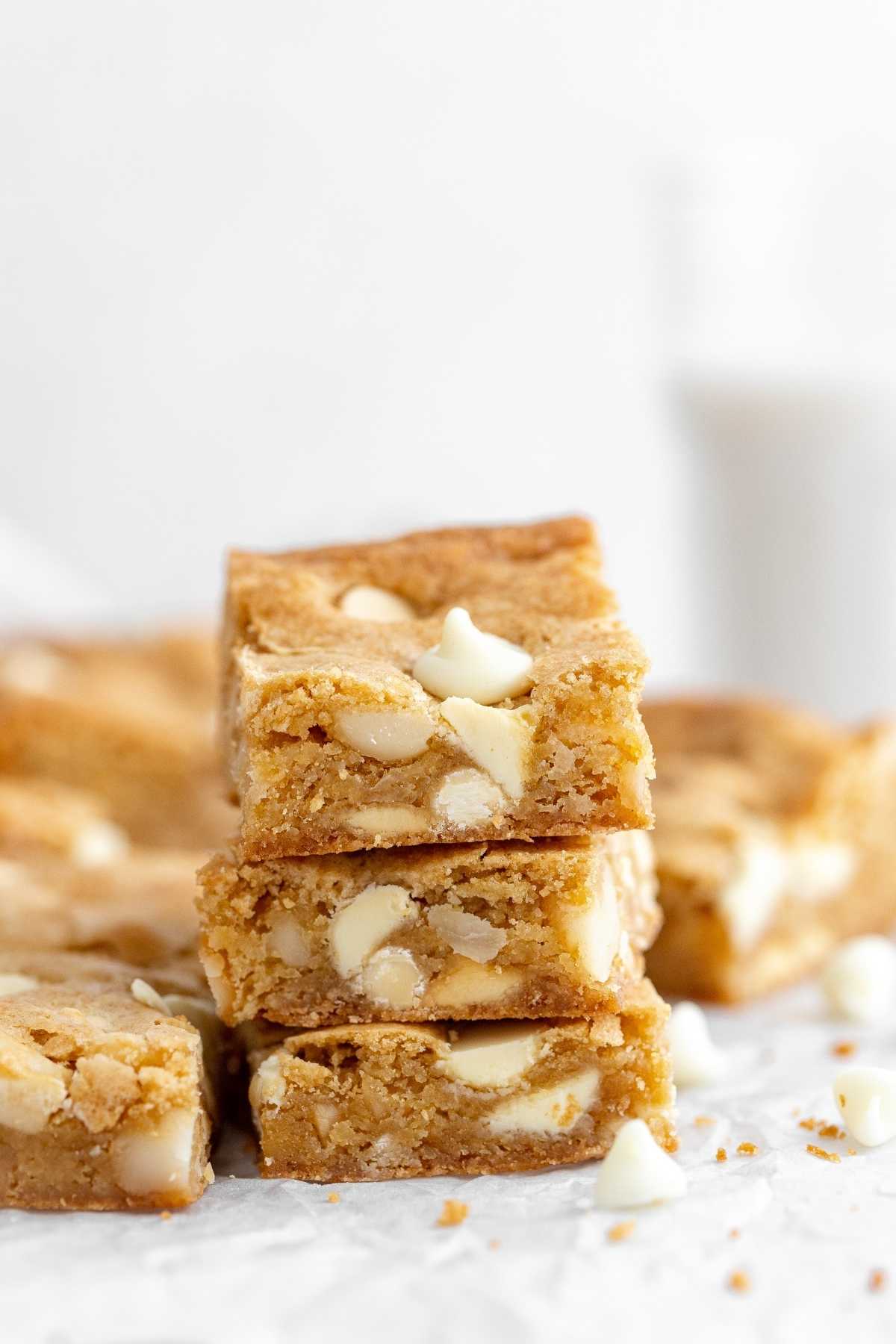 White Chocolate Macadamia Blondies stacked