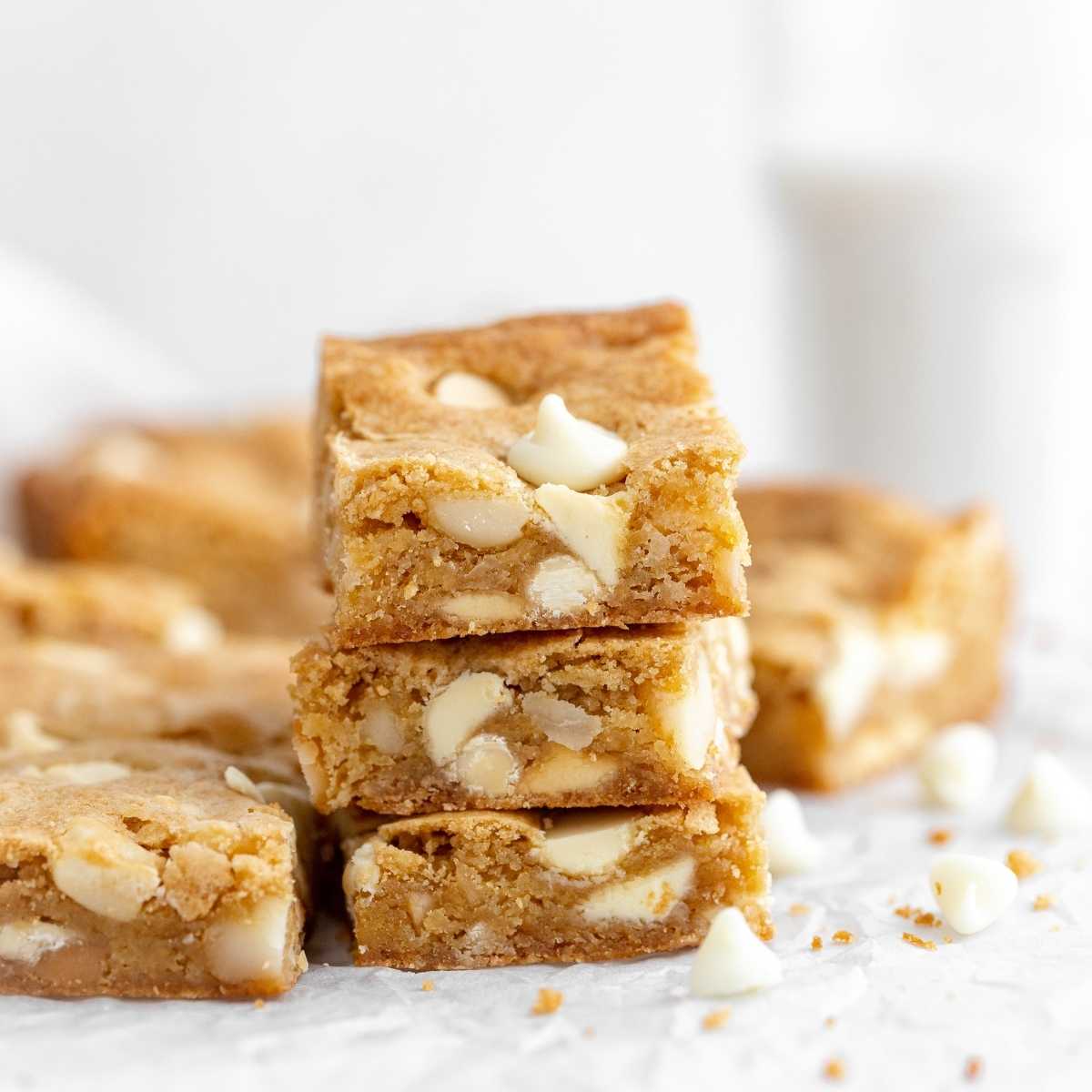 White Chocolate Macadamia Blondies stacked