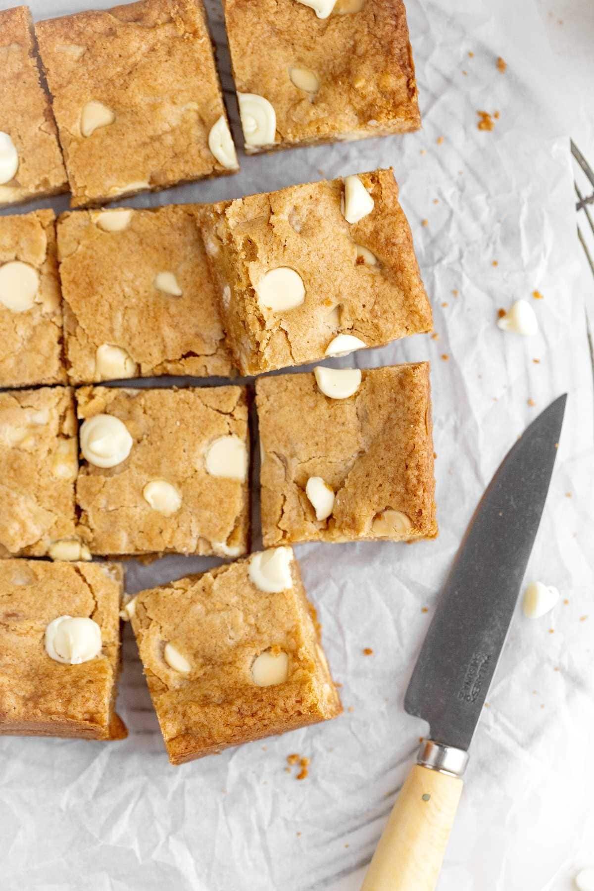 White Chocolate Macadamia Blondies cut into squares