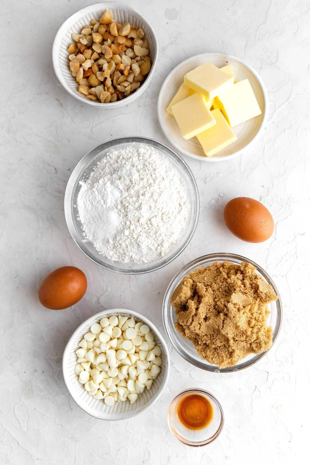 White Chocolate Macadamia Blondies ingredients in bowls