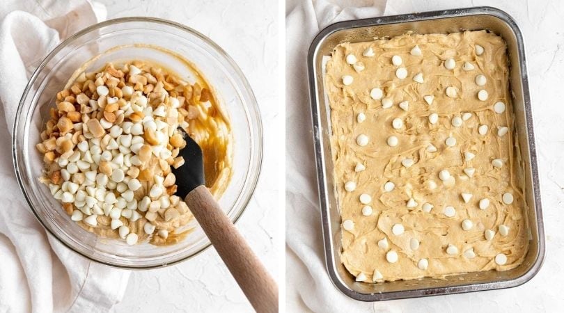White Chocolate Macadamia Blondies batter in bowl and spread in baking pan collage