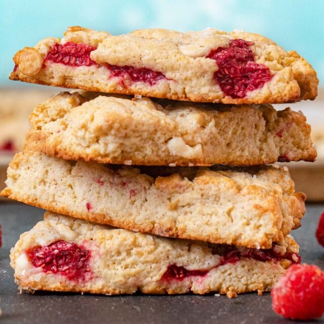 White Chocolate Raspberry Scones in stack