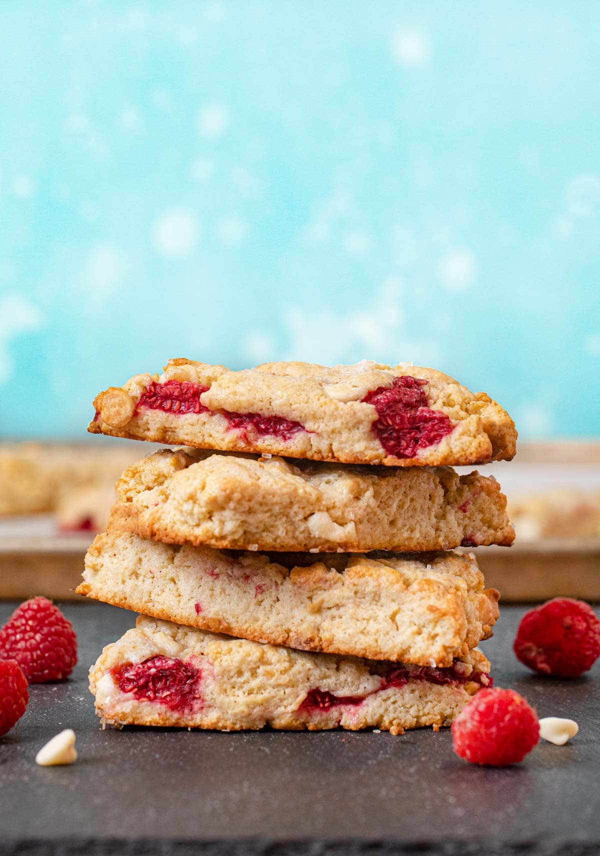 White Chocolate Raspberry Scones in stack