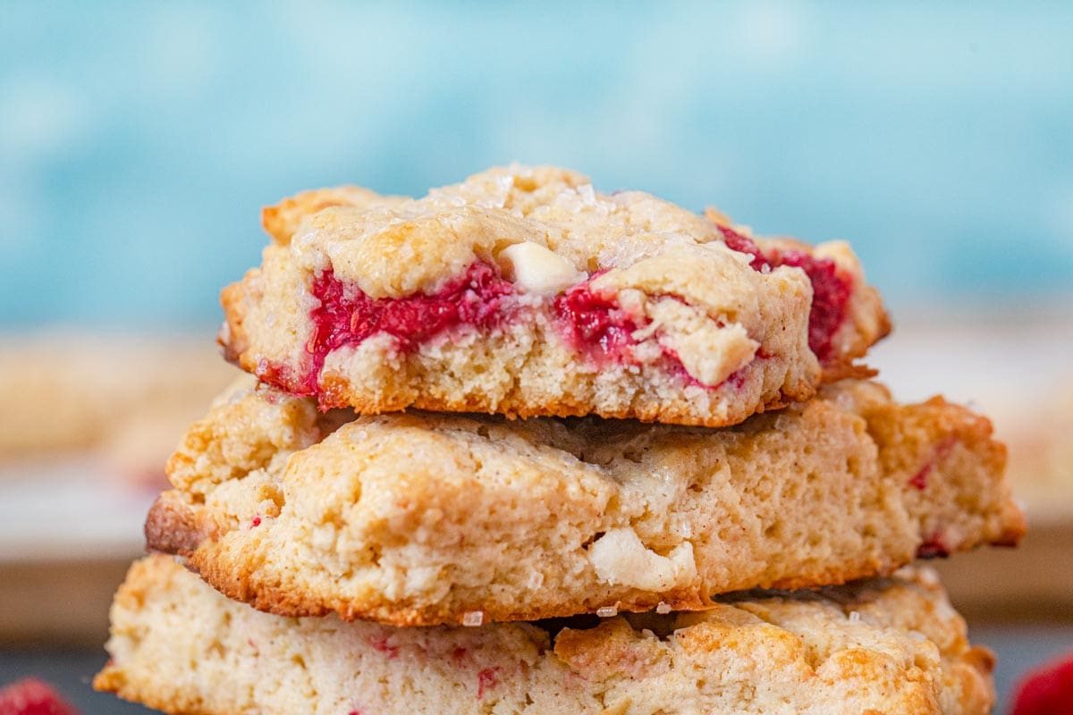 White Chocolate Raspberry Scones in stack