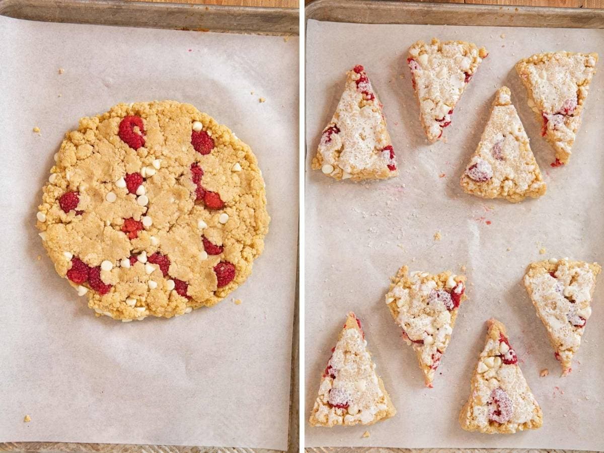 White Chocolate Raspberry Scones in dough circle and sliced into eighths